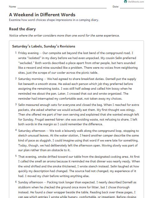 A Weekend in Different Words worksheet preview