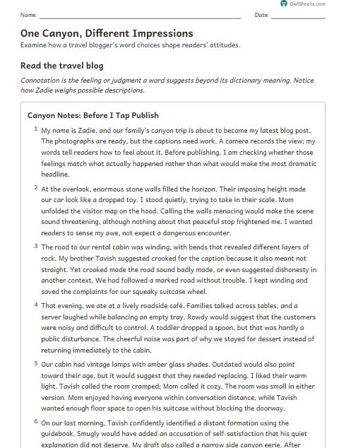 One Canyon, Different Impressions worksheet preview