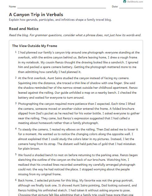A Canyon Trip in Verbals worksheet preview