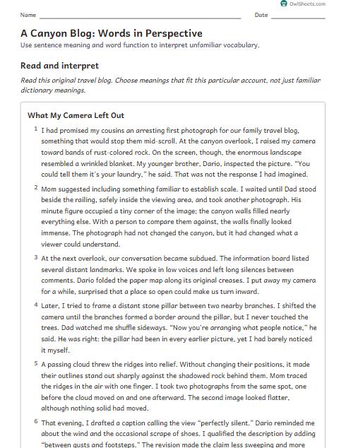 A Canyon Blog: Words in Perspective worksheet preview