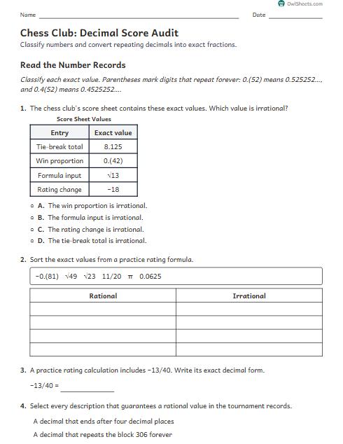 Chess Club: Decimal Score Audit worksheet preview