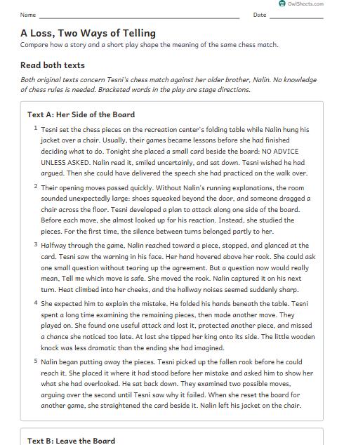 A Loss, Two Ways of Telling worksheet preview