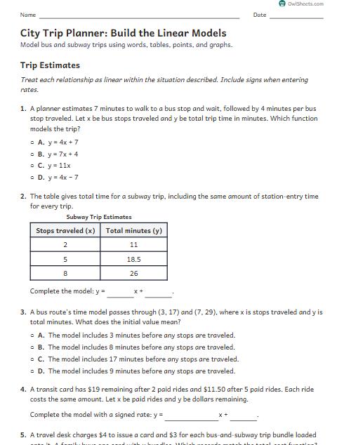 City Trip Planner: Build the Linear Models worksheet preview