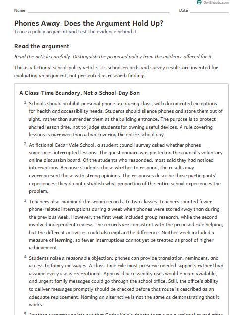 Phones Away: Does the Argument Hold Up? worksheet preview