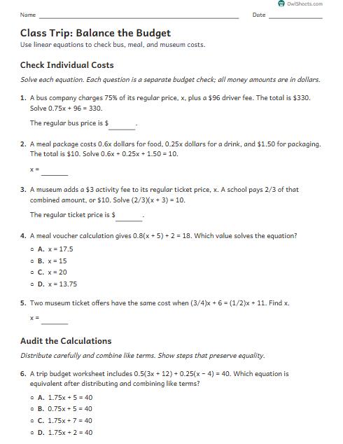 Class Trip: Balance the Budget worksheet preview