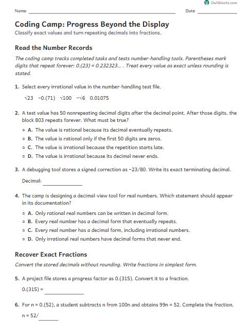 Coding Camp: Progress Beyond the Display worksheet preview
