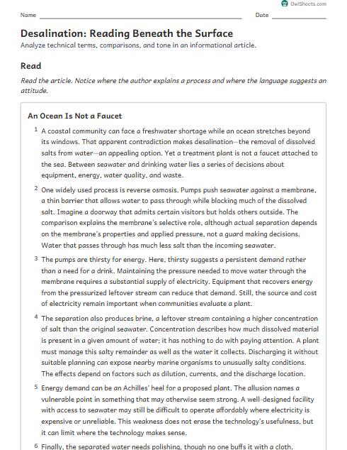 Desalination: Reading Beneath the Surface worksheet preview