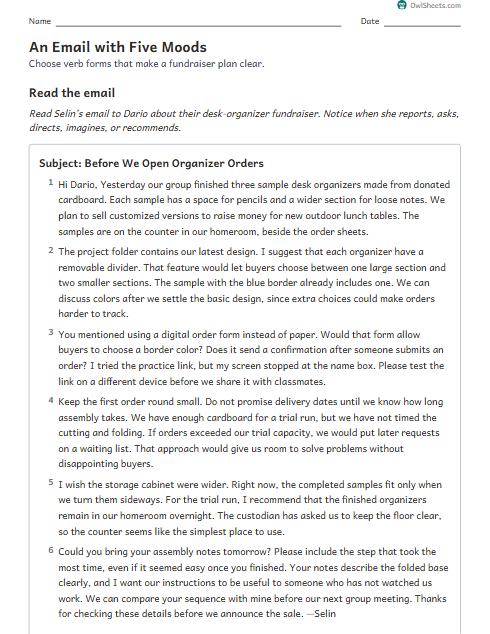 An Email with Five Moods worksheet preview
