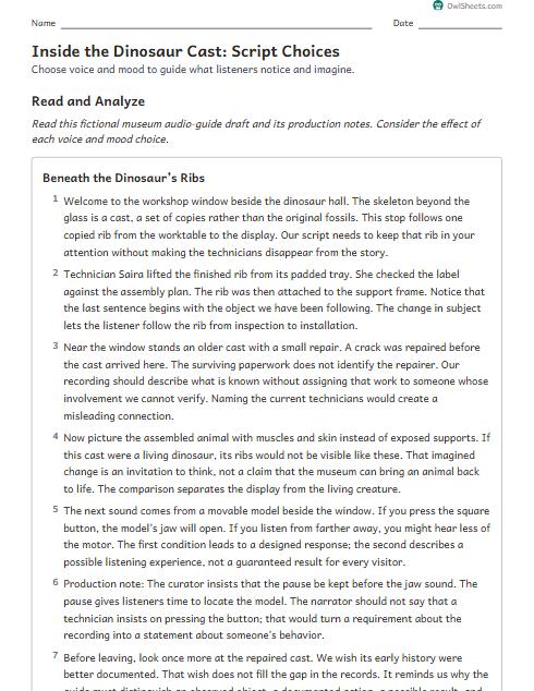 Inside the Dinosaur Cast: Script Choices worksheet preview