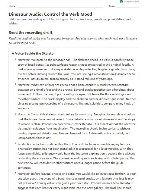 Dinosaur Audio: Control the Verb Mood worksheet preview