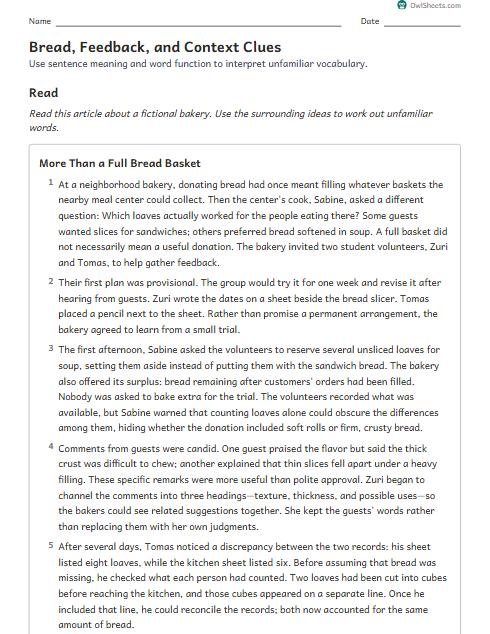 Bread, Feedback, and Context Clues worksheet preview
