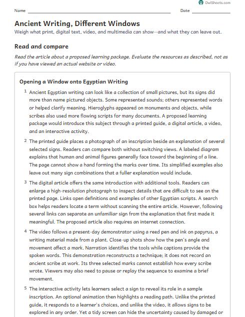 Ancient Writing, Different Windows worksheet preview