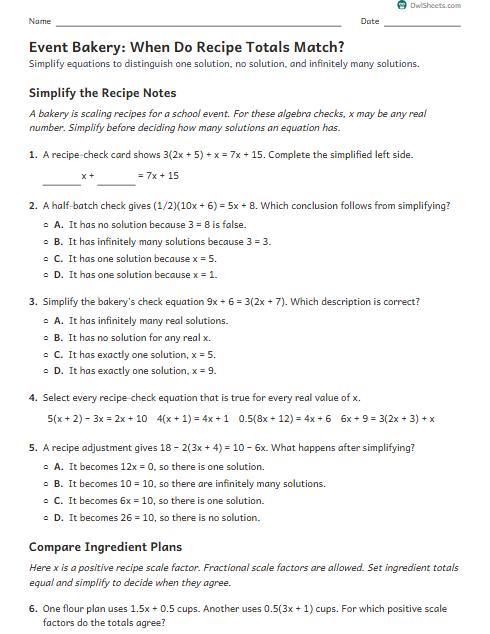Event Bakery: When Do Recipe Totals Match? worksheet preview
