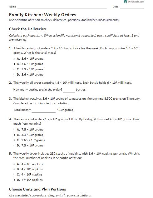 Family Kitchen: Weekly Orders worksheet preview