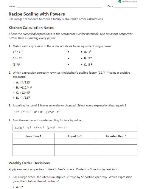 Recipe Scaling with Powers worksheet preview