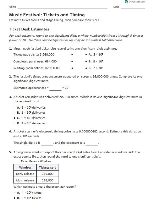 Music Festival: Tickets and Timing worksheet preview