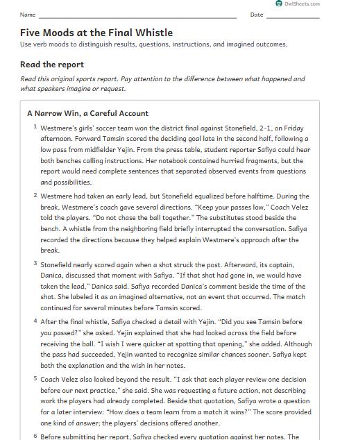 Five Moods at the Final Whistle worksheet preview