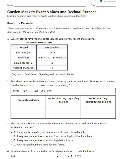 Garden Market: Exact Values and Decimal Records worksheet preview