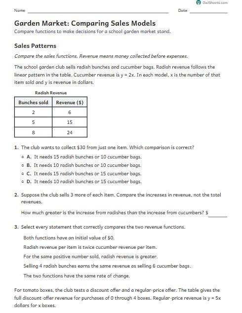 Garden Market: Comparing Sales Models worksheet preview