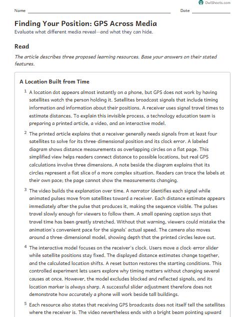 Finding Your Position: GPS Across Media worksheet preview