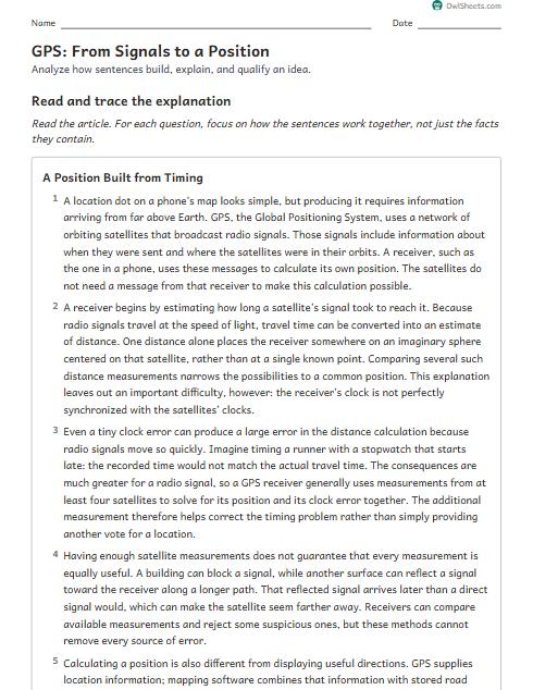 GPS: From Signals to a Position worksheet preview
