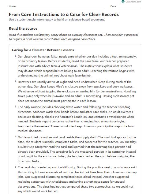 From Care Instructions to a Case for Clear Records worksheet preview