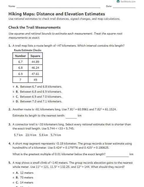 Hiking Maps: Distance and Elevation Estimates worksheet preview
