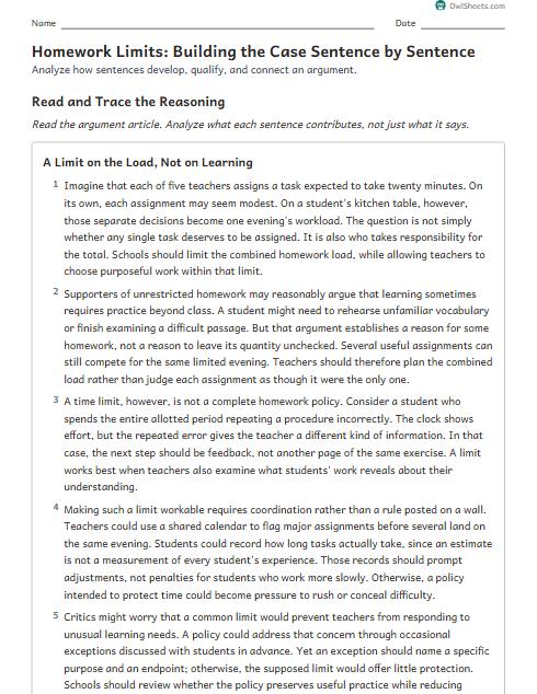 Homework Limits: Building the Case Sentence by Sentence worksheet preview