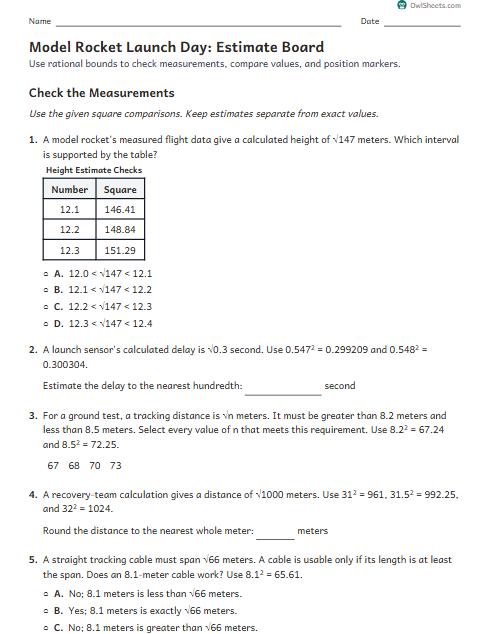 Model Rocket Launch Day: Estimate Board worksheet preview