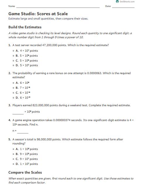 Game Studio: Scores at Scale worksheet preview