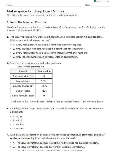 Makerspace Lending: Exact Values worksheet preview