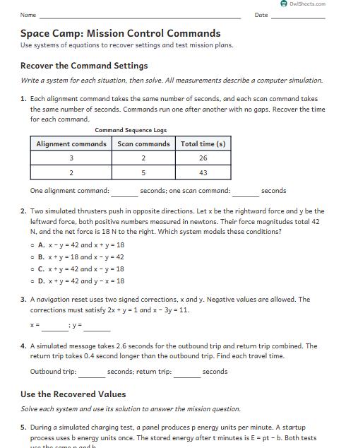 Space Camp: Mission Control Commands worksheet preview