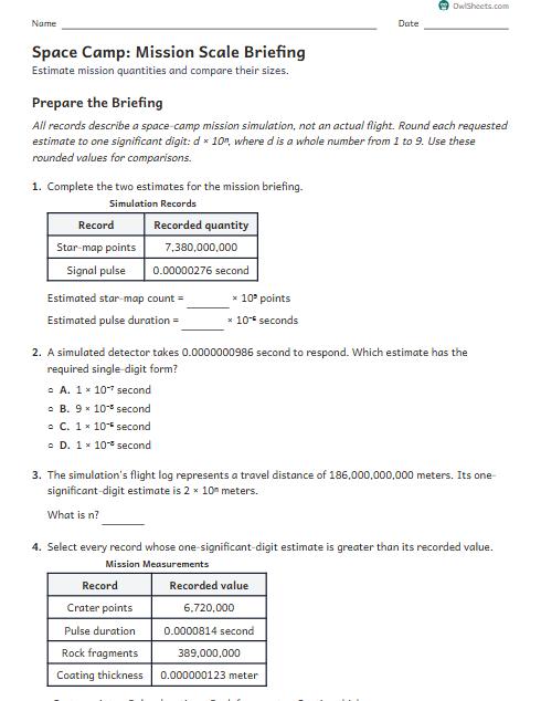 Space Camp: Mission Scale Briefing worksheet preview