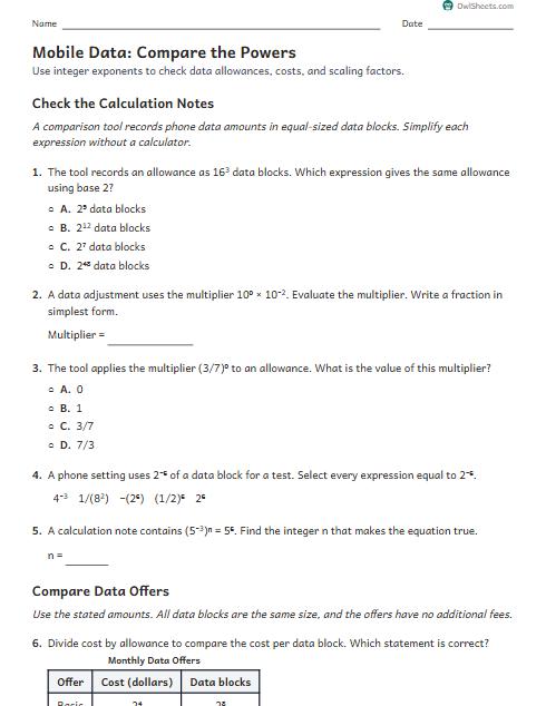 Mobile Data: Compare the Powers worksheet preview