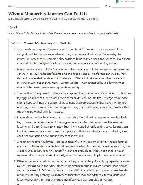 What a Monarch's Journey Can Tell Us worksheet preview