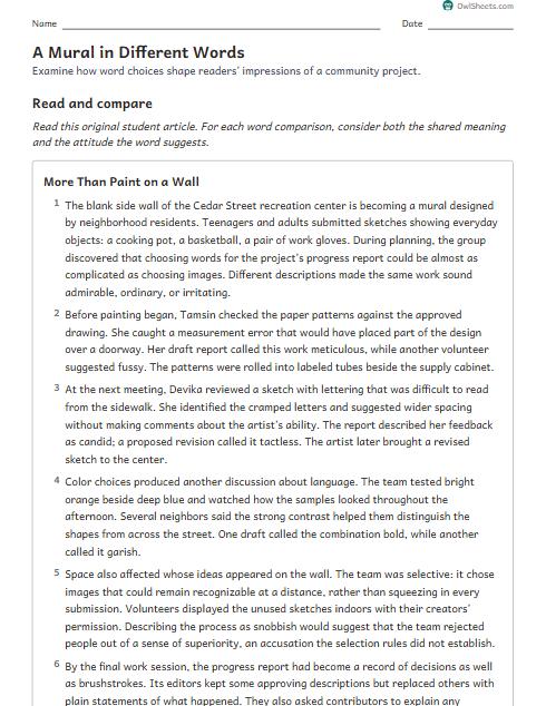 A Mural in Different Words worksheet preview