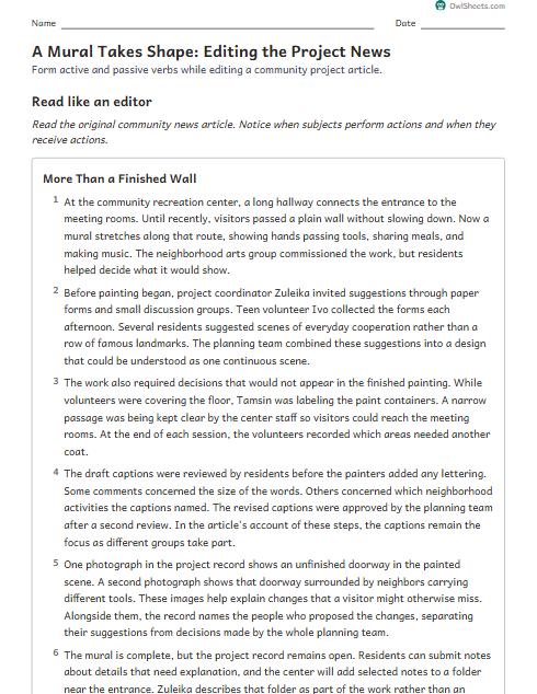 A Mural Takes Shape: Editing the Project News worksheet preview