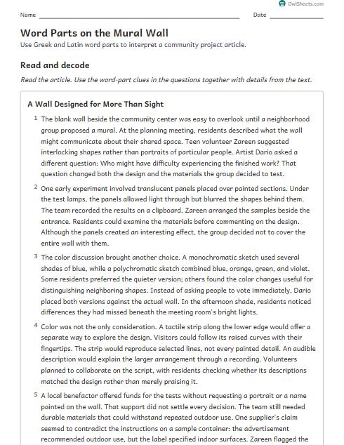 Word Parts on the Mural Wall worksheet preview