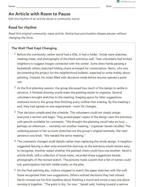 An Article with Room to Pause worksheet preview