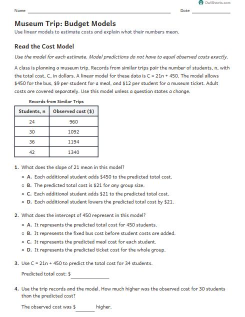 Museum Trip: Budget Models worksheet preview