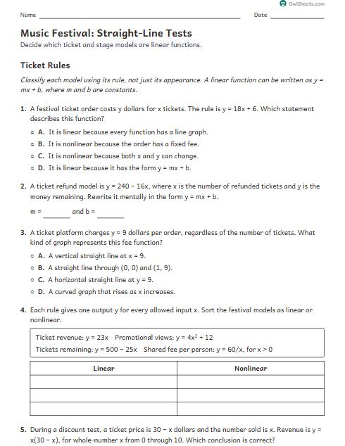 Music Festival: Straight-Line Tests worksheet preview