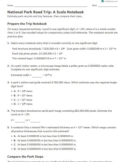 National Park Road Trip: A Scale Notebook worksheet preview