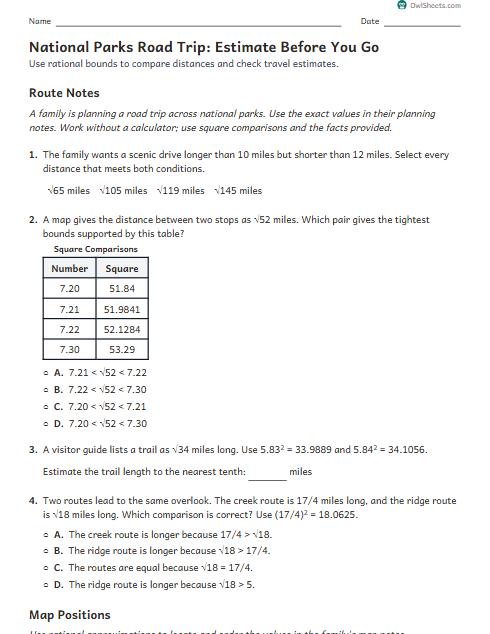 National Parks Road Trip: Estimate Before You Go worksheet preview