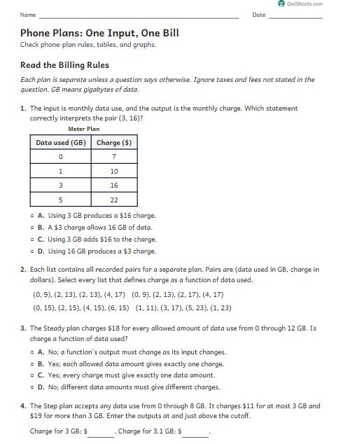 Phone Plans: One Input, One Bill worksheet preview