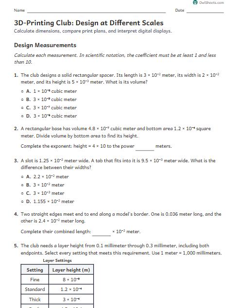 3D-Printing Club: Design at Different Scales worksheet preview