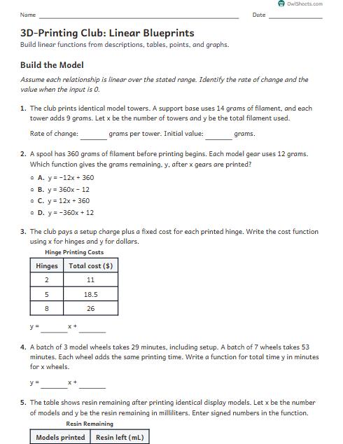 3D-Printing Club: Linear Blueprints worksheet preview