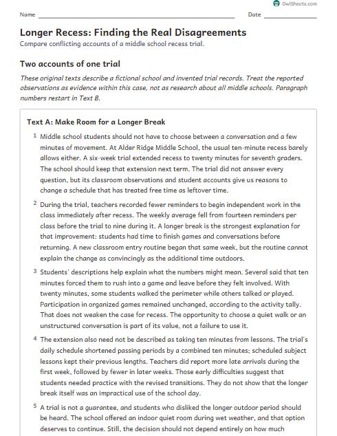 Longer Recess: Finding the Real Disagreements worksheet preview