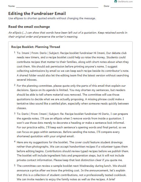 Editing the Fundraiser Email worksheet preview