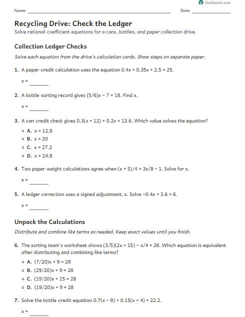 Recycling Drive: Check the Ledger worksheet preview