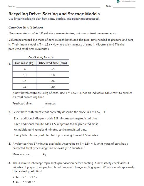 Recycling Drive: Sorting and Storage Models worksheet preview